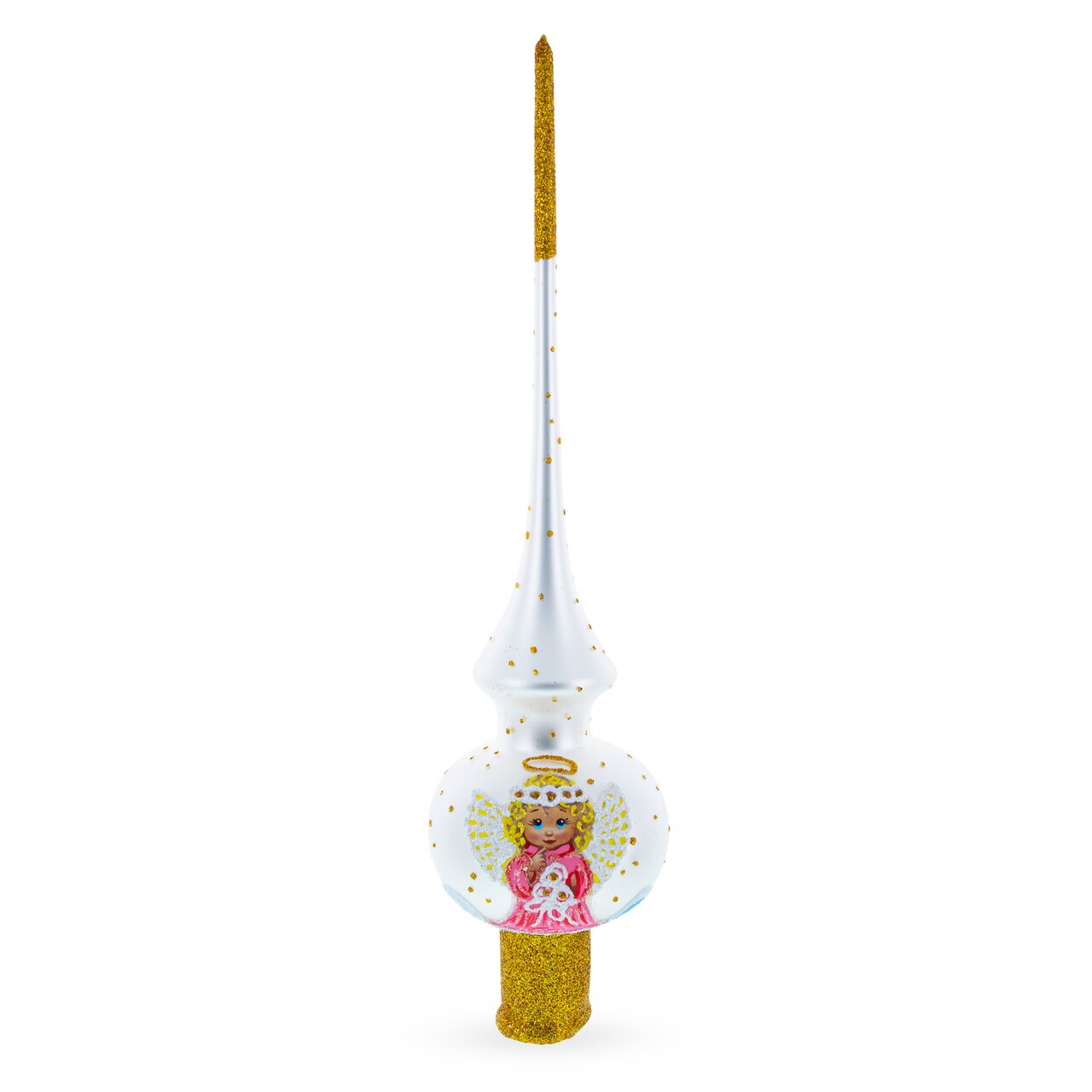 Angel on White Golden Flowers Bouquet Blown Glass Christmas Tree Topper 11 Inches